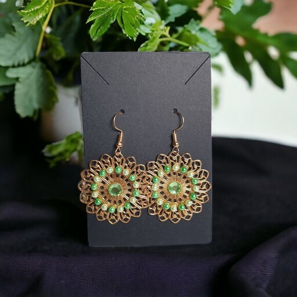 Gold Tone Filigree Dangle Rhinestone Vintage Earrings Women Jewelry Green - Picture 1 of 3